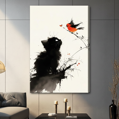 Ink Wash Black Cat Red Bird Zen Canvas Art Wall Art