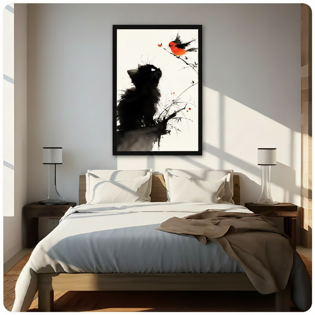 Ink Wash Black Cat Red Bird Zen Canvas Art Wall Art