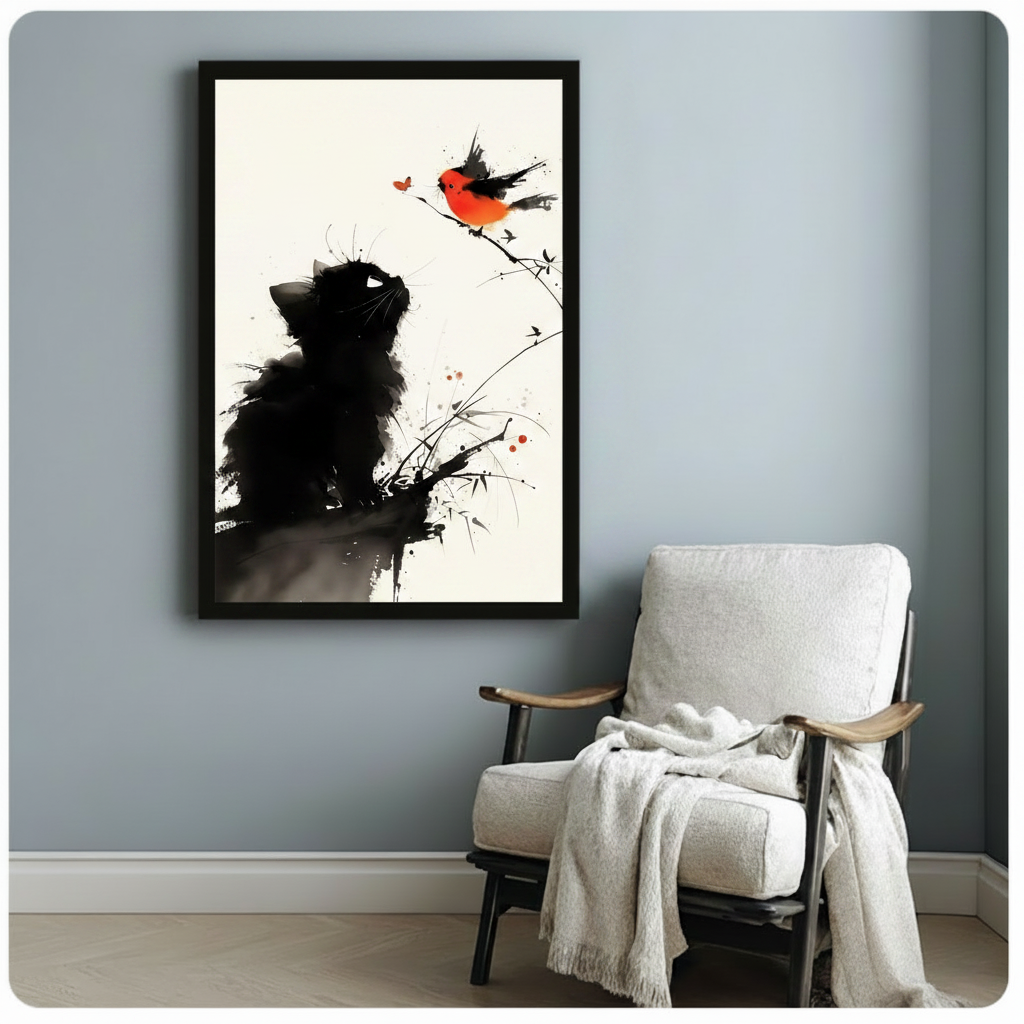 Ink Wash Black Cat Red Bird Zen Canvas Art Wall Art