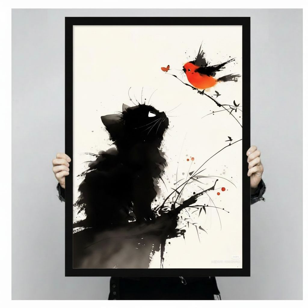 Ink Wash Black Cat Red Bird Zen Canvas Art Wall Art