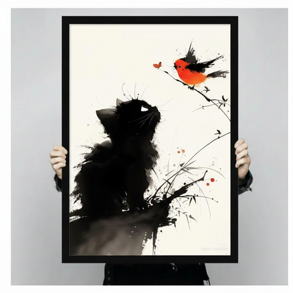 Ink Wash Black Cat Red Bird Zen Canvas Art Wall Art