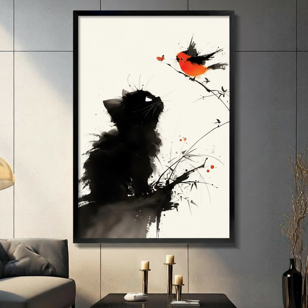 Ink Wash Black Cat Red Bird Zen Canvas Art Wall Art