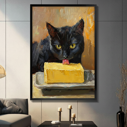 Black Cat Licking Butter Oil Painting Canvas Wall Art