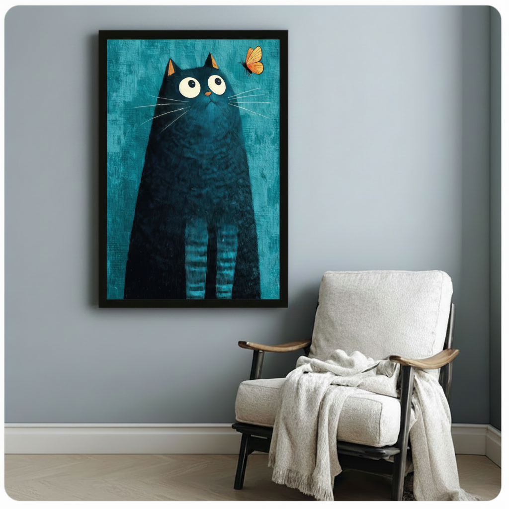 Black Cat Butterfly Teal Canvas Art Wall Art