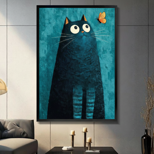 Black Cat Butterfly Teal Canvas Art Wall Art
