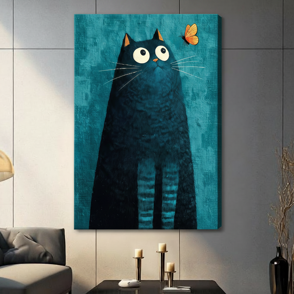 Black Cat Butterfly Teal Canvas Art Wall Art