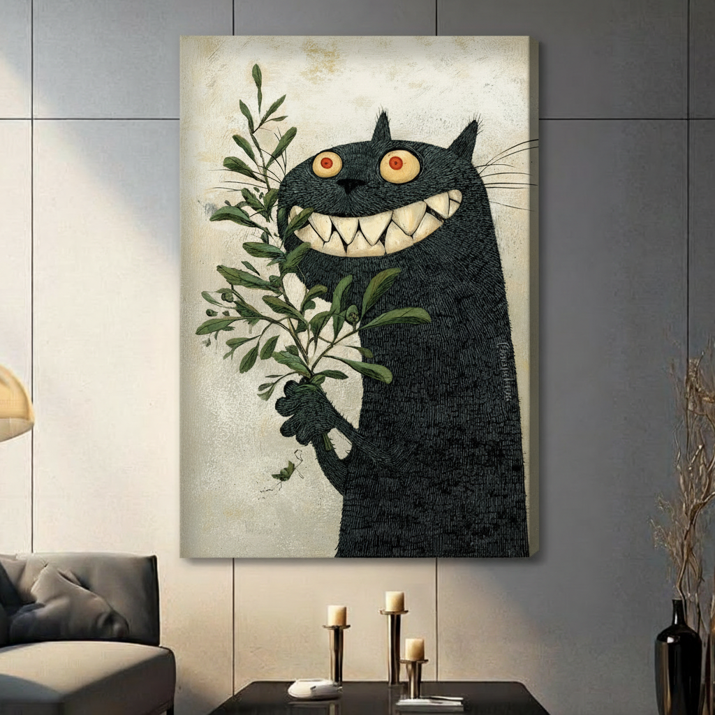 Gothic Black Cat Botanical Framed Canvas Art Wall Art