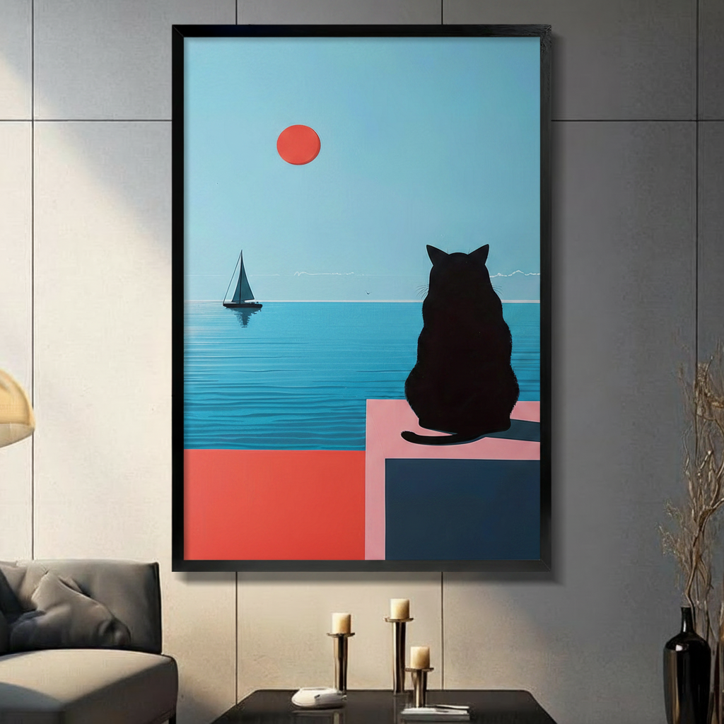 Minimalist Black Cat Ocean View Canvas Wall Art