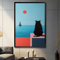 Minimalist Black Cat Ocean View Canvas Wall Art