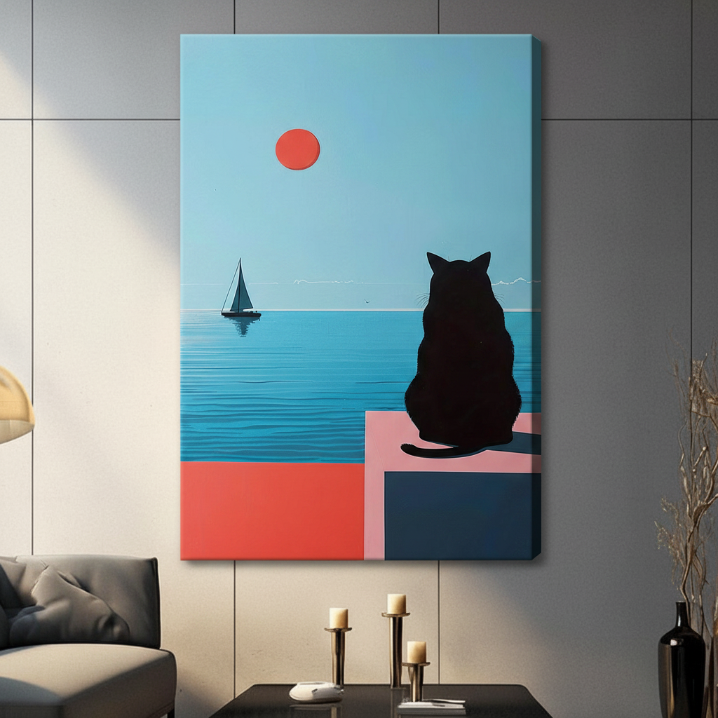 Minimalist Black Cat Ocean View Canvas Wall Art