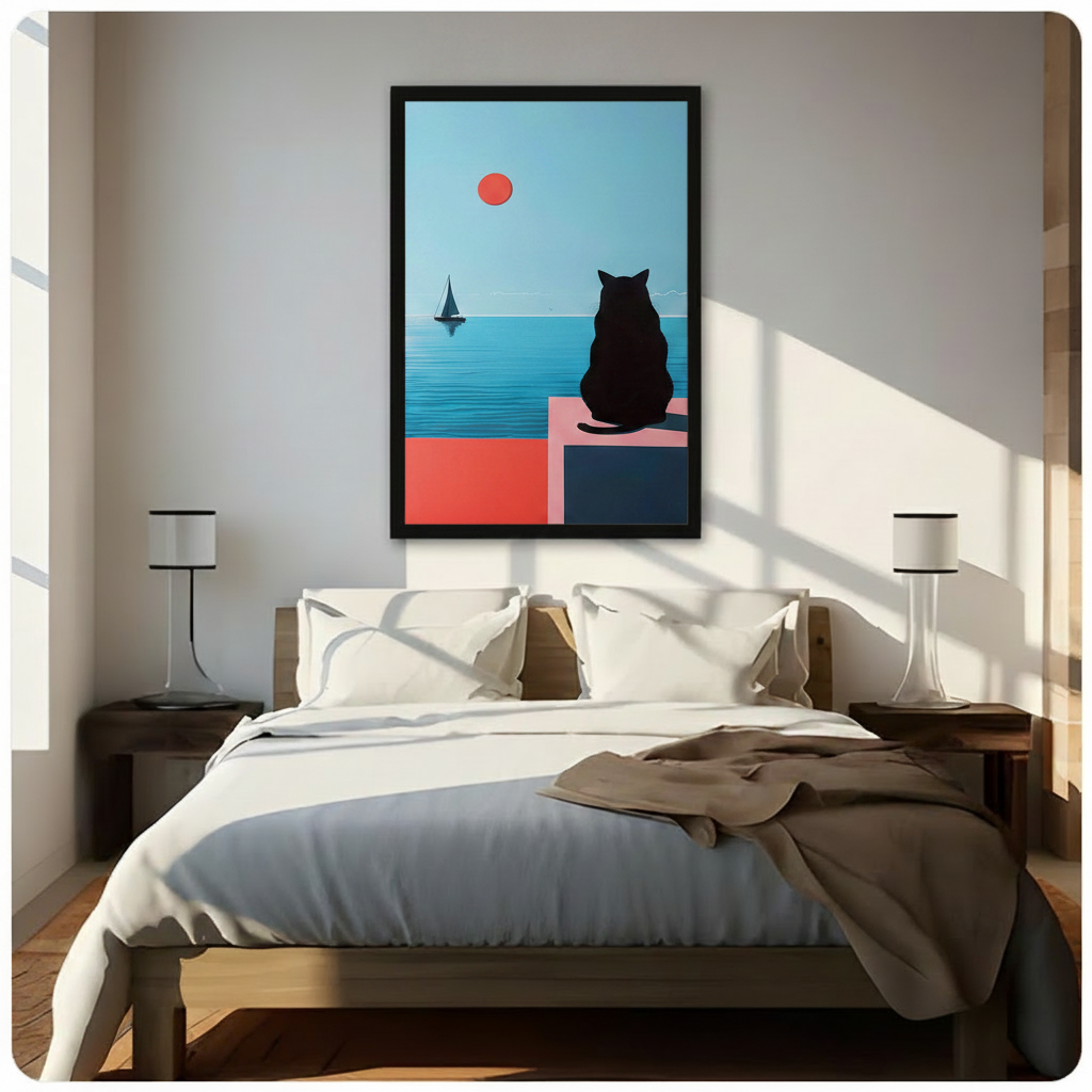 Minimalist Black Cat Ocean View Canvas Wall Art