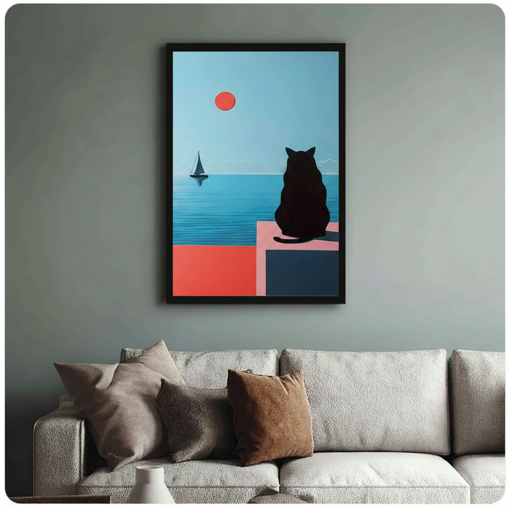 Minimalist Black Cat Ocean View Canvas Wall Art