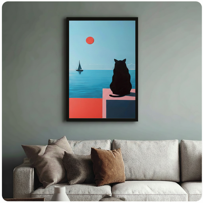 Minimalist Black Cat Ocean View Canvas Wall Art