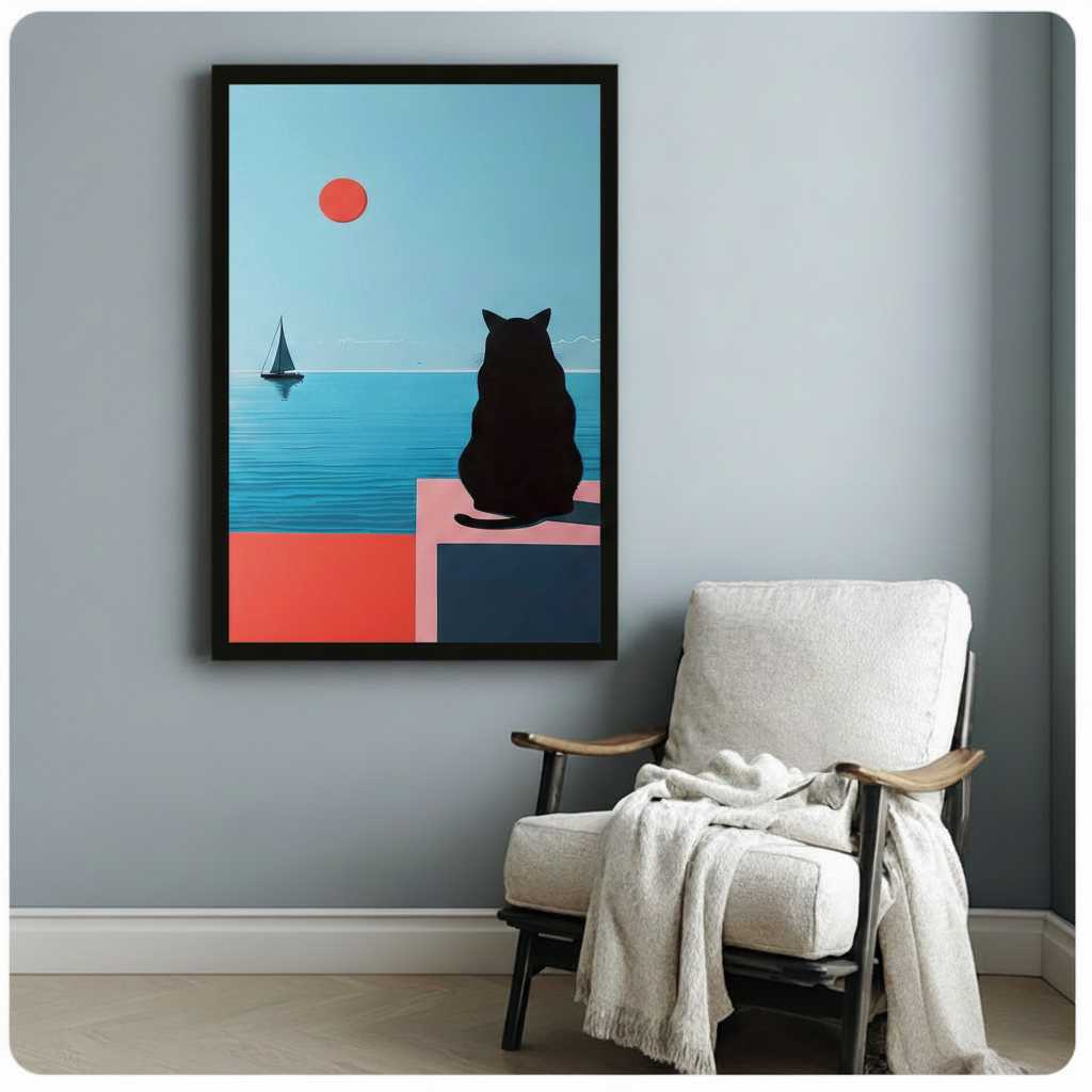 Minimalist Black Cat Ocean View Canvas Wall Art