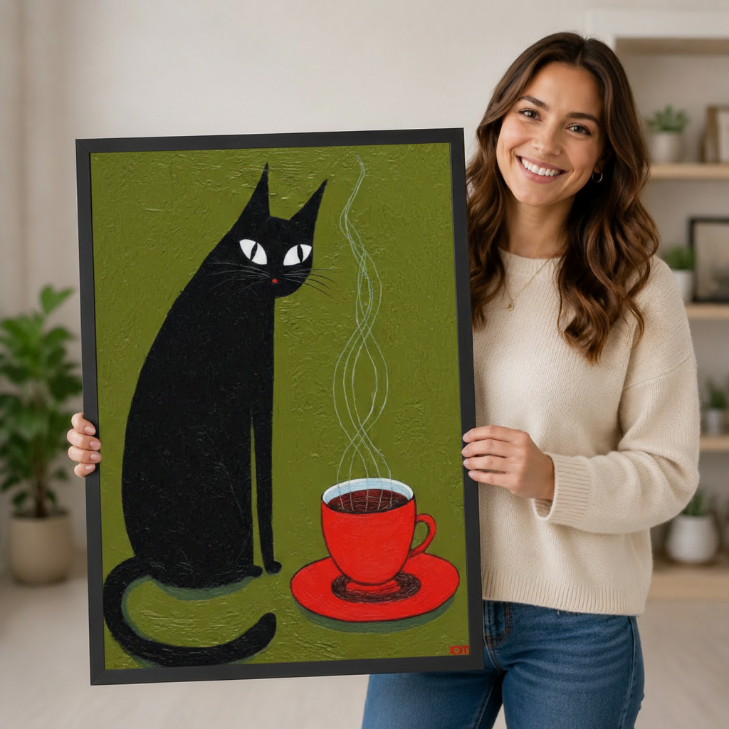 Black Cat Coffee Cup Canvas Wall Art