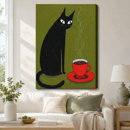 Black Cat Coffee Cup Canvas Wall Art