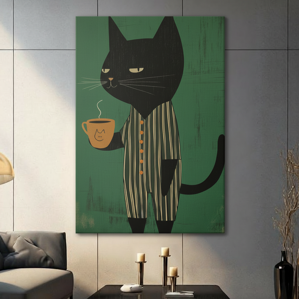 Black Cat Coffee Retro Illustration Canvas Art