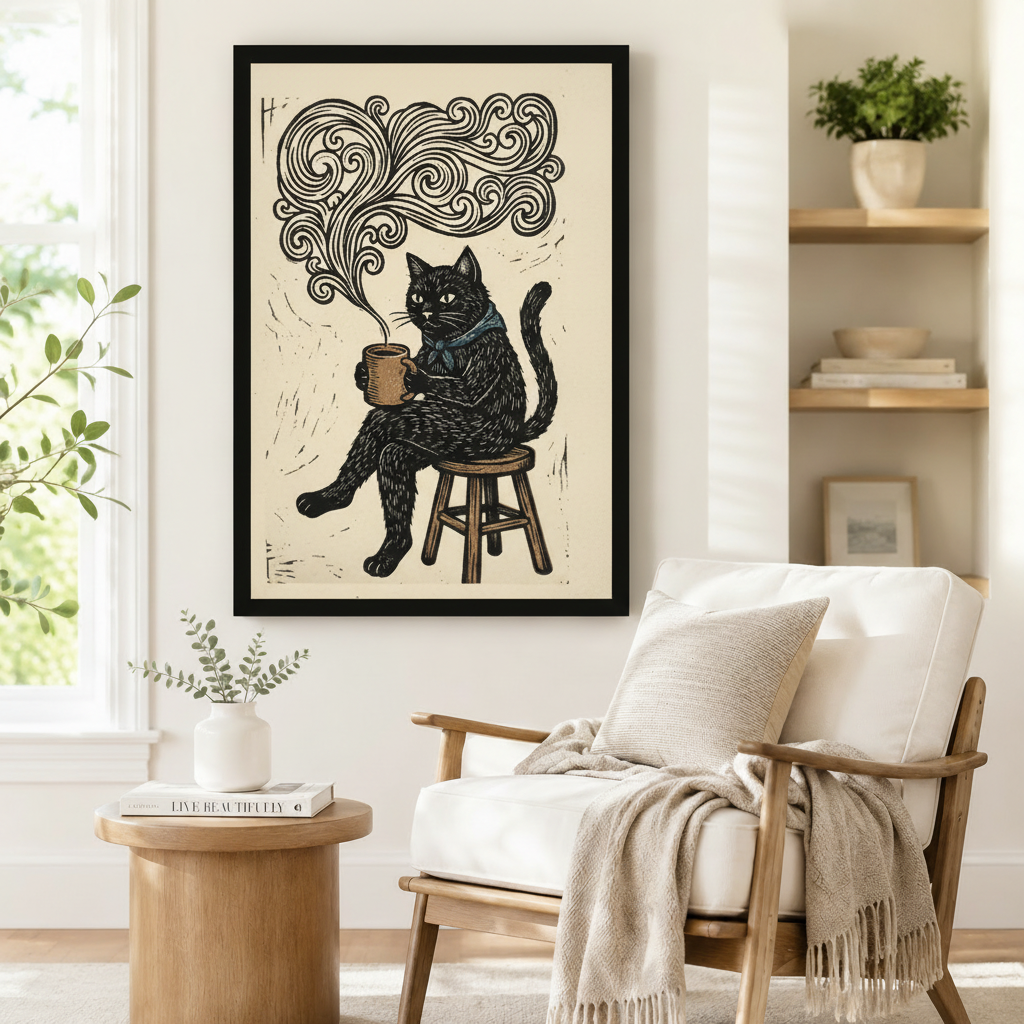 Coffee Cat Lino Print Framed Canvas Wall Art