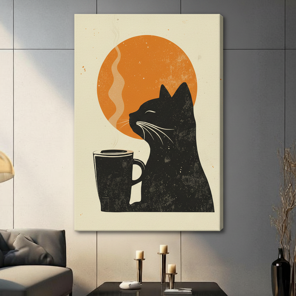 Black Cat Coffee Linocut Framed Canvas Art Wall Art