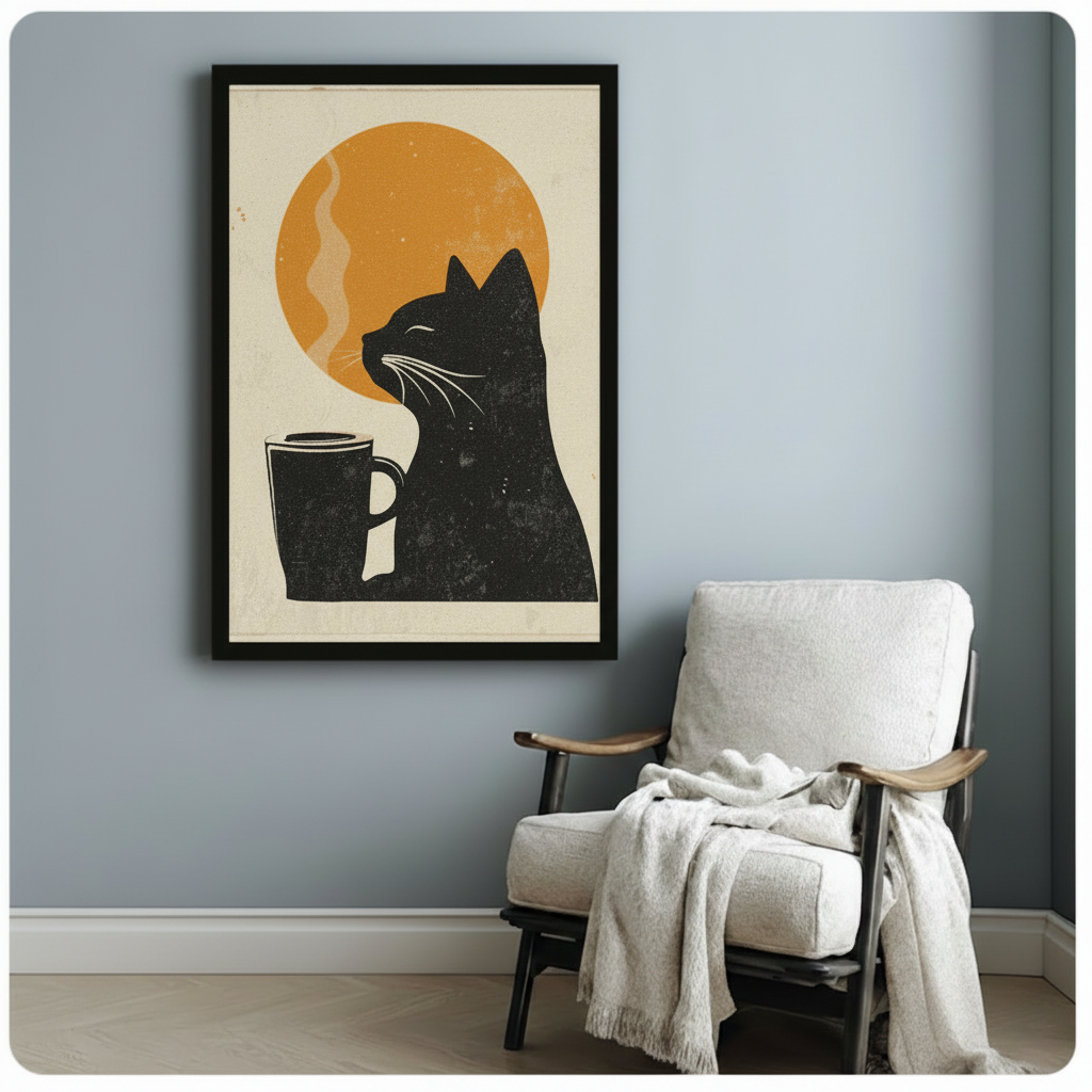 Black Cat Coffee Linocut Framed Canvas Art Wall Art