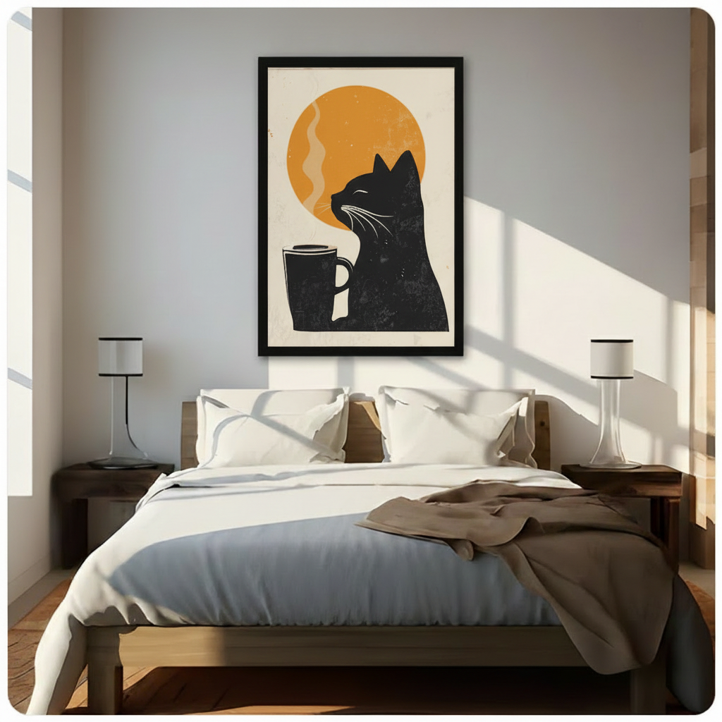 Black Cat Coffee Linocut Framed Canvas Art Wall Art