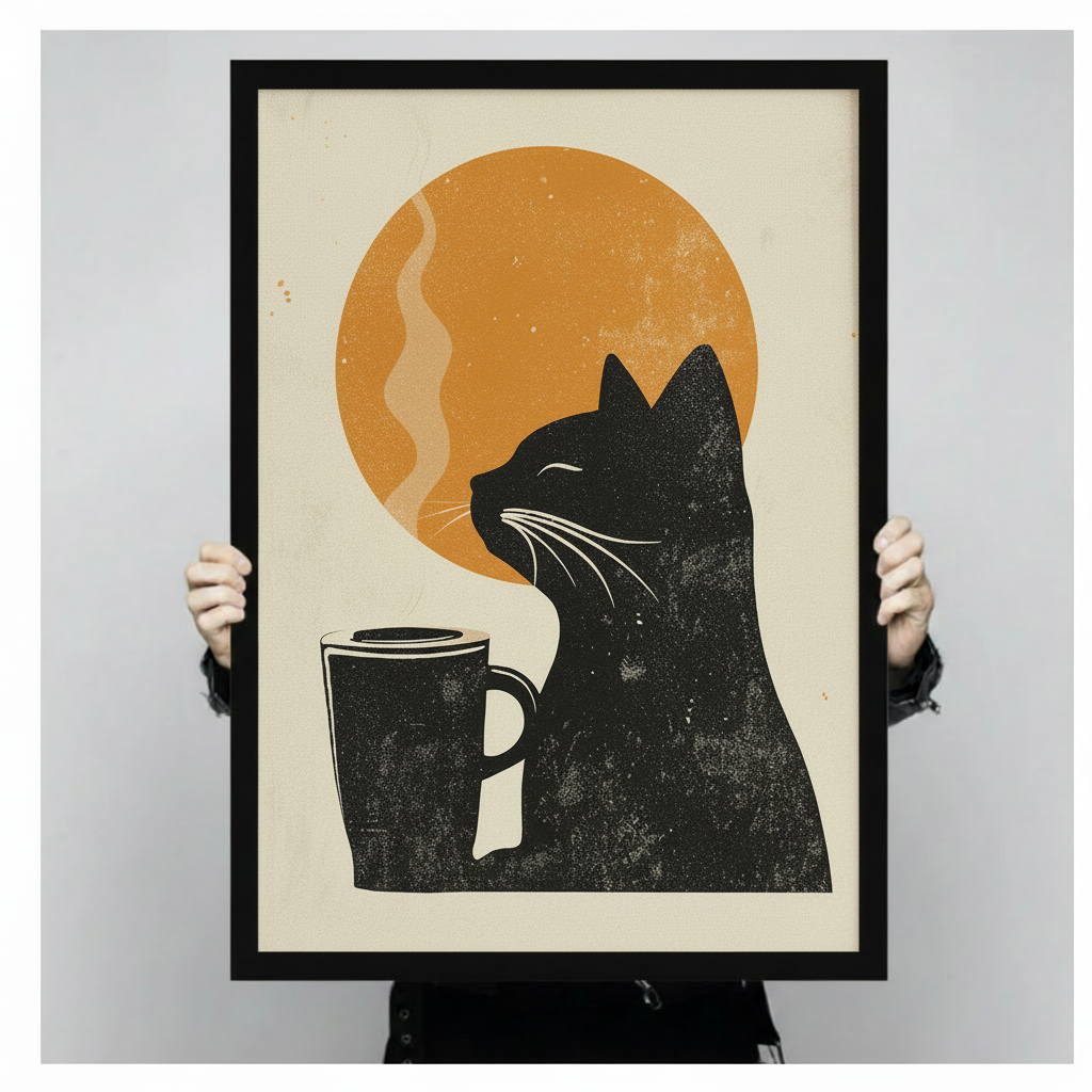 Black Cat Coffee Linocut Framed Canvas Art Wall Art