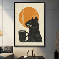 Black Cat Coffee Linocut Framed Canvas Art Wall Art