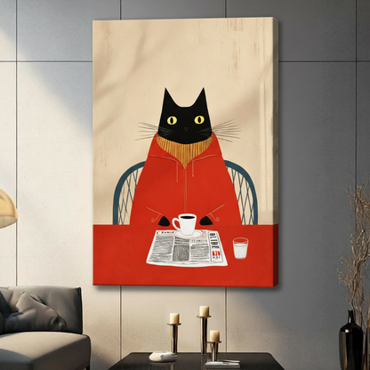 Morning Ritual Black Cat Reading Newspaper Canvas Art