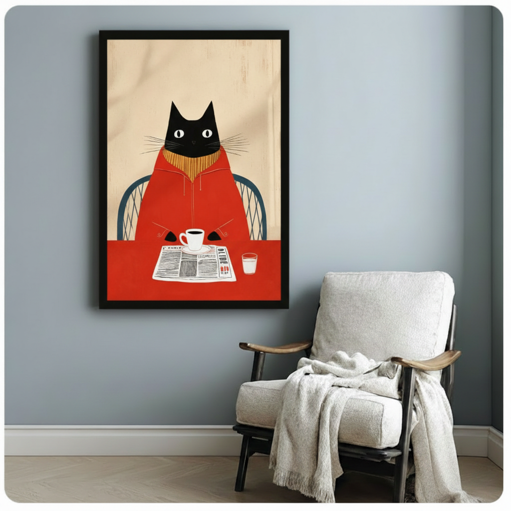 Morning Ritual Black Cat Reading Newspaper Canvas Art