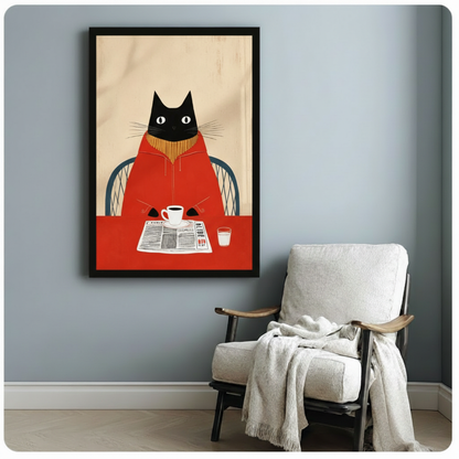 Morning Ritual Black Cat Reading Newspaper Canvas Art