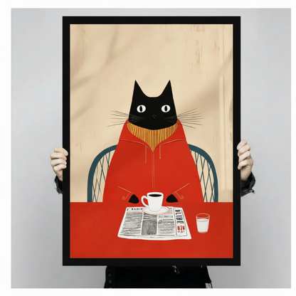 Morning Ritual Black Cat Reading Newspaper Canvas Art
