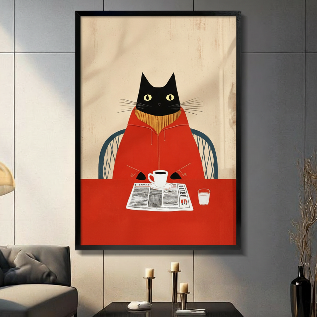 Morning Ritual Black Cat Reading Newspaper Canvas Art