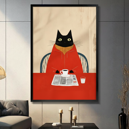 Morning Ritual Black Cat Reading Newspaper Canvas Art