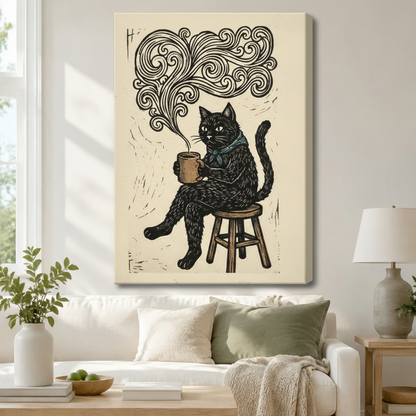 Coffee Cat Lino Print Framed Canvas Wall Art