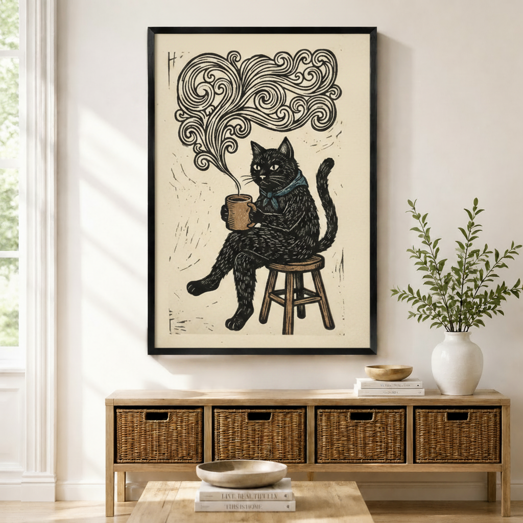 Coffee Cat Lino Print Framed Canvas Wall Art