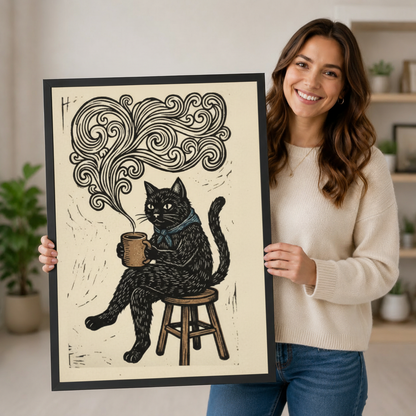 Coffee Cat Lino Print Framed Canvas Wall Art