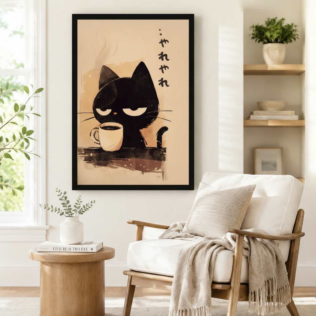 Japanese Grumpy Cat Coffee Canvas Art Wall Art