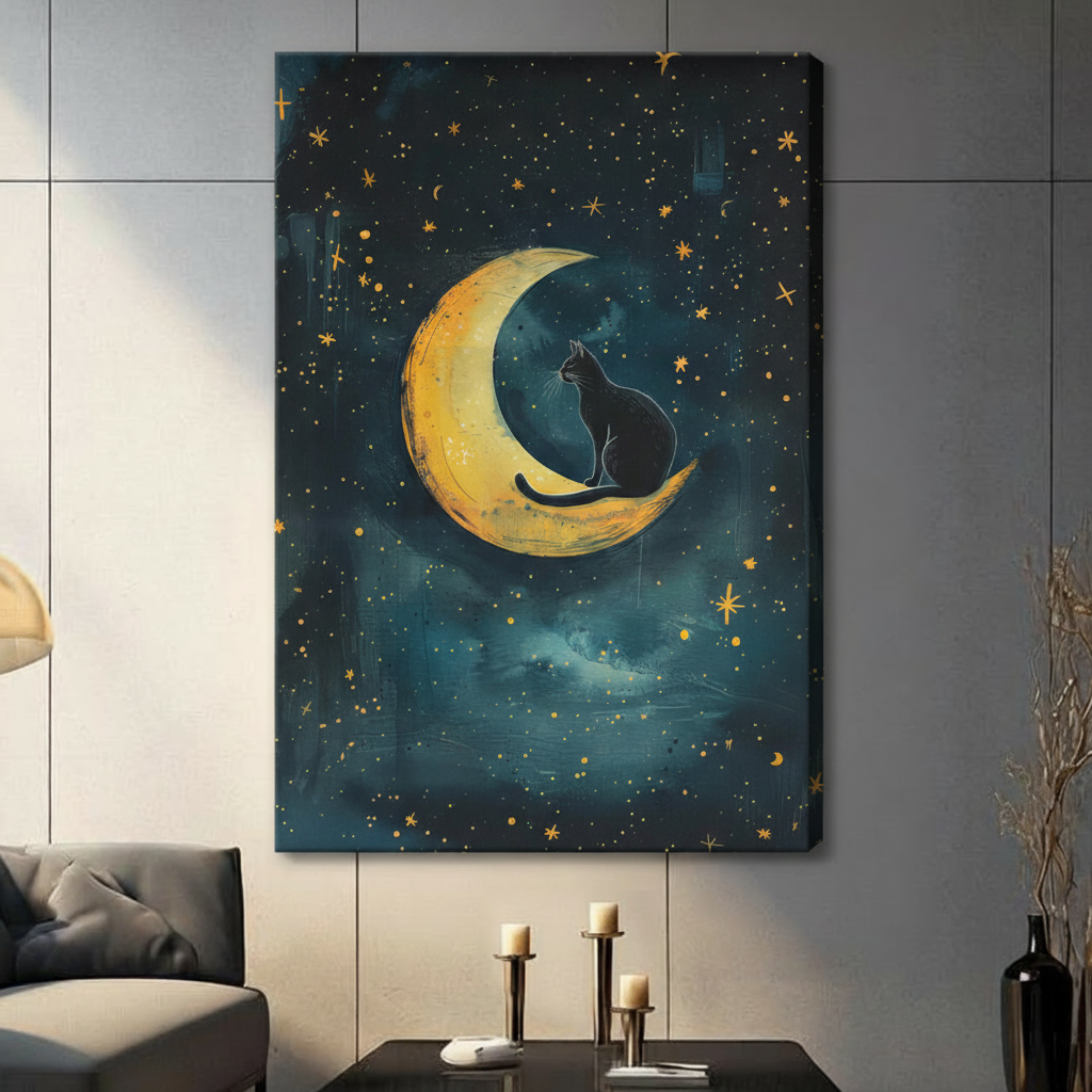 Black Cat on Crescent Moon Celestial Canvas Art