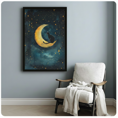 Black Cat on Crescent Moon Celestial Canvas Art