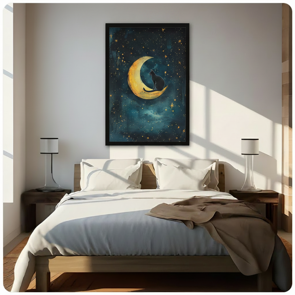 Black Cat on Crescent Moon Celestial Canvas Art