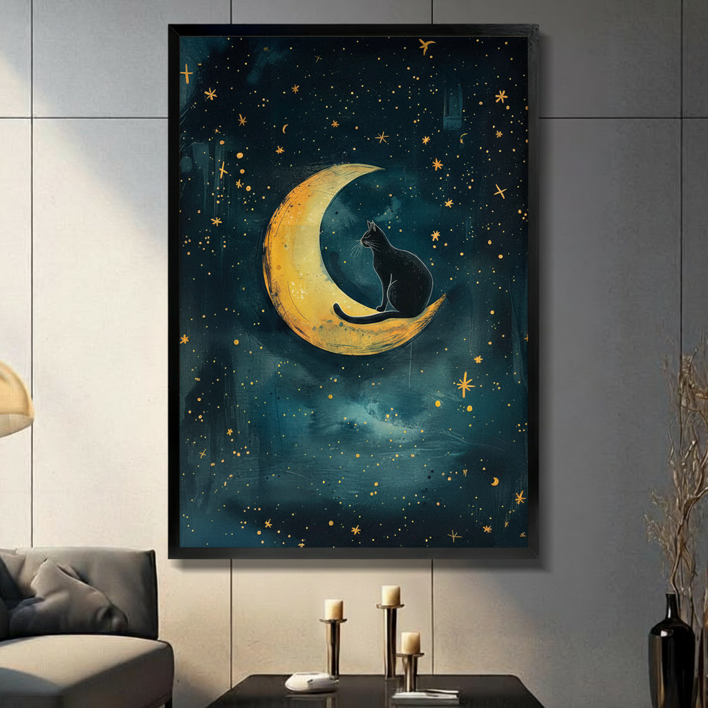 Black Cat on Crescent Moon Celestial Canvas Art