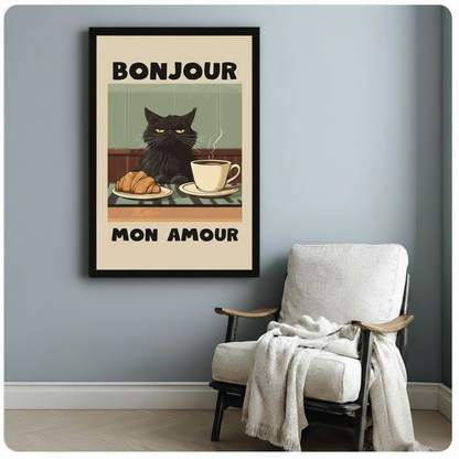 Retro French Cat Café Framed Canvas Art Wall Art