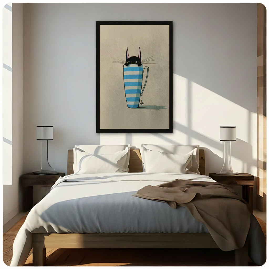 Black Cat in Striped Mug Canvas Print Wall Art