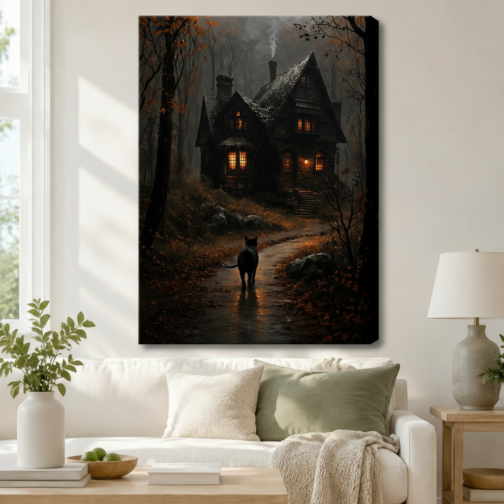Gothic Black Cat Haunted House Canvas Wall Art