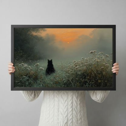 Black Cat Sunrise Misty Meadow Framed Print Canvas Wall Art