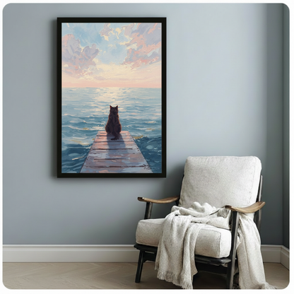 Cat on Pier Sunset Ocean Canvas Art Wall Art