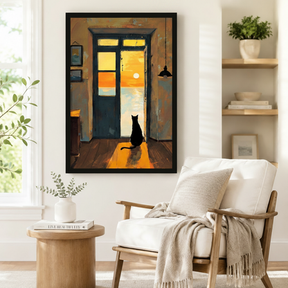 Black Cat Sunset Ocean View Canvas Art Wall Art