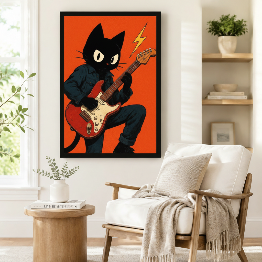 Rock Cat Guitar Retro Canvas Wall Art