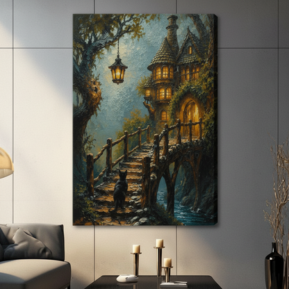 Fantasy Cat Enchanted Cottage Canvas Wall Art