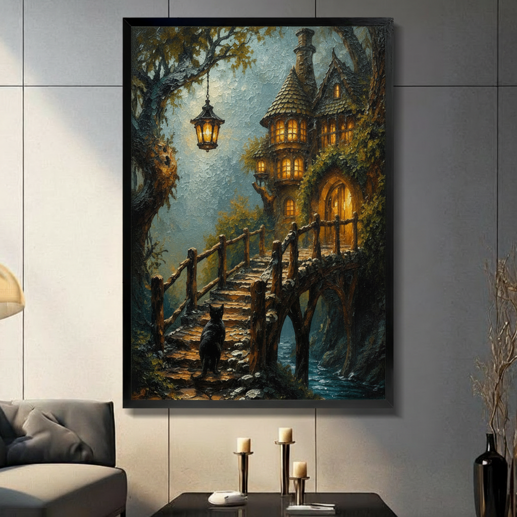 Fantasy Cat Enchanted Cottage Canvas Wall Art